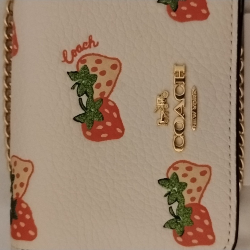 Coach Mini Wallet On A Chain Clutch Crossbody Strawberries NWT - Picture 2 of 10